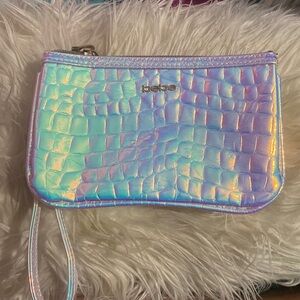 BEBE holographic iridescent wristlet purse